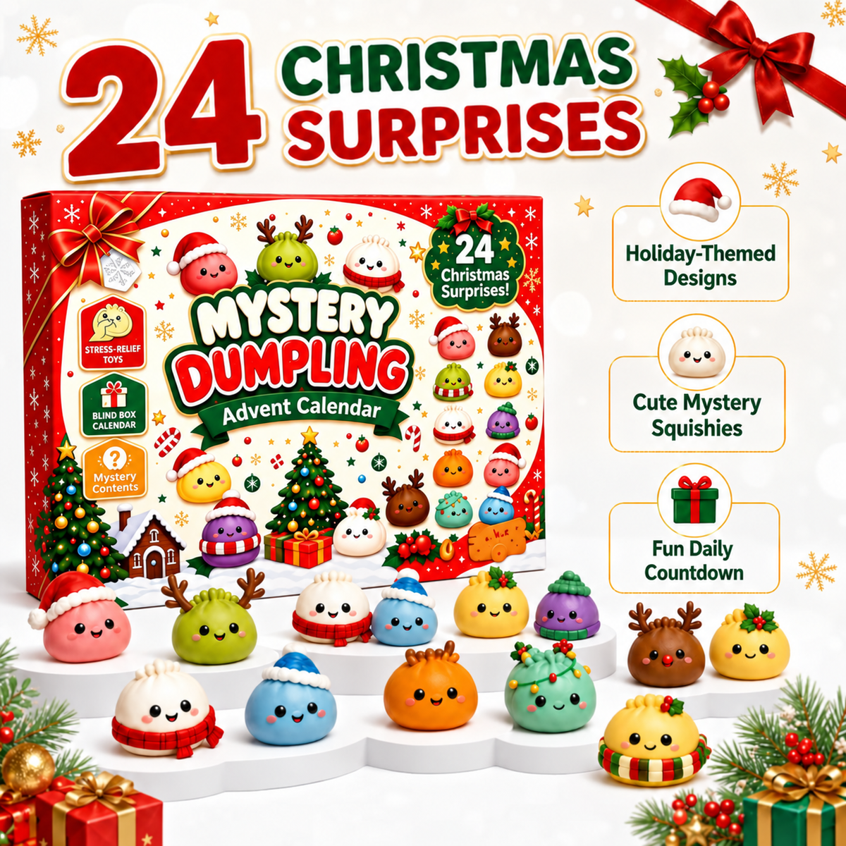 🎄 24 Days of Christmas Surprises! 🎁 Cute Dumpling Squishy Advent Calendar – The Perfect Holiday Gift for Kids!